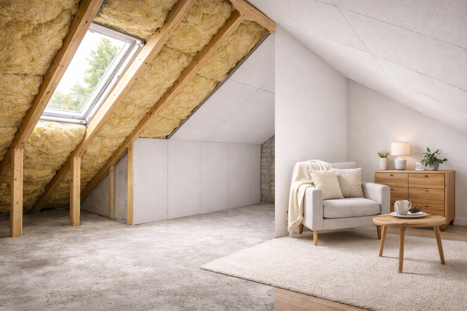 Combles aménageables sous les toits avec poutres bois et velux